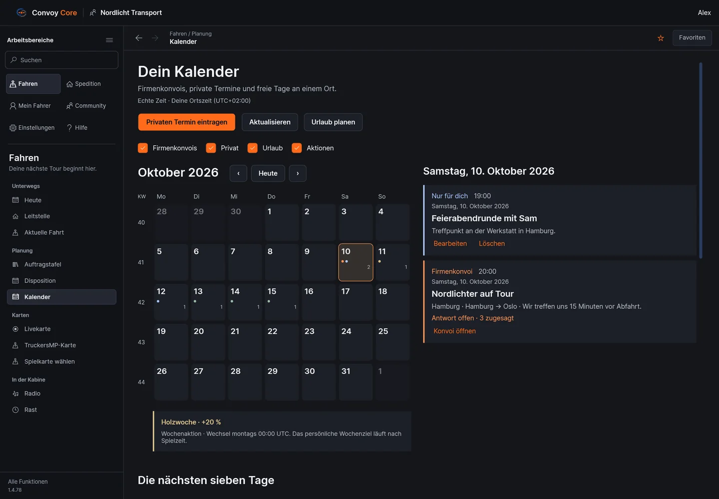 ConvoyCore: Kalender mit echten Wochentagen und persönlichen sowie gemeinsamen Terminen