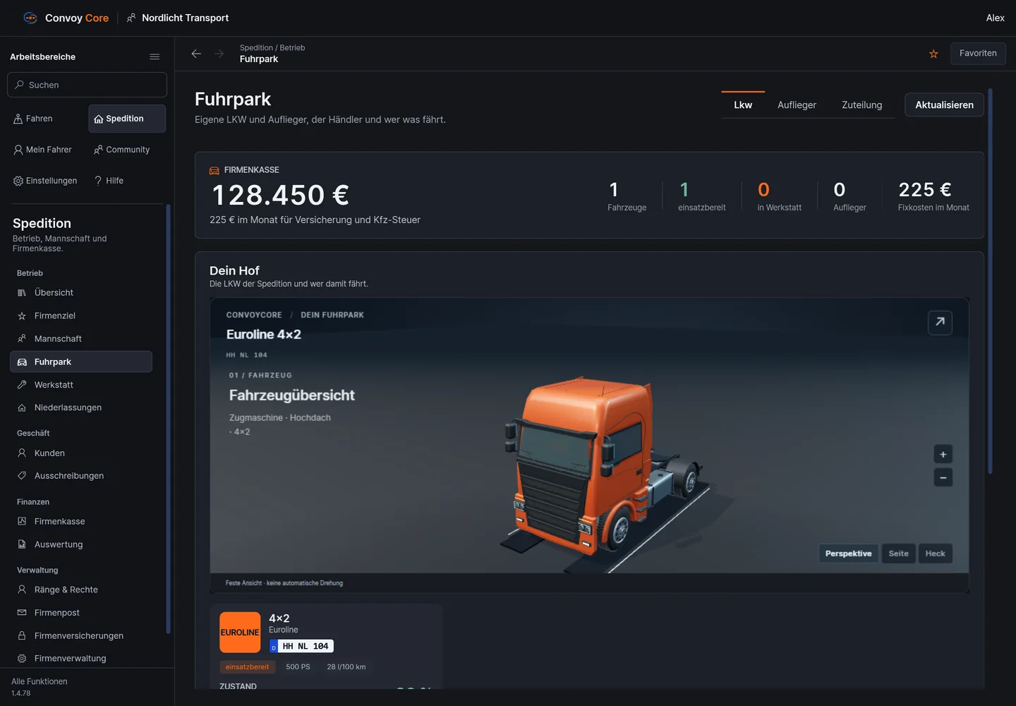 ConvoyCore: Fuhrpark mit aktuellem Fahrzeugstudio und dreidimensionaler Lkw-Ansicht