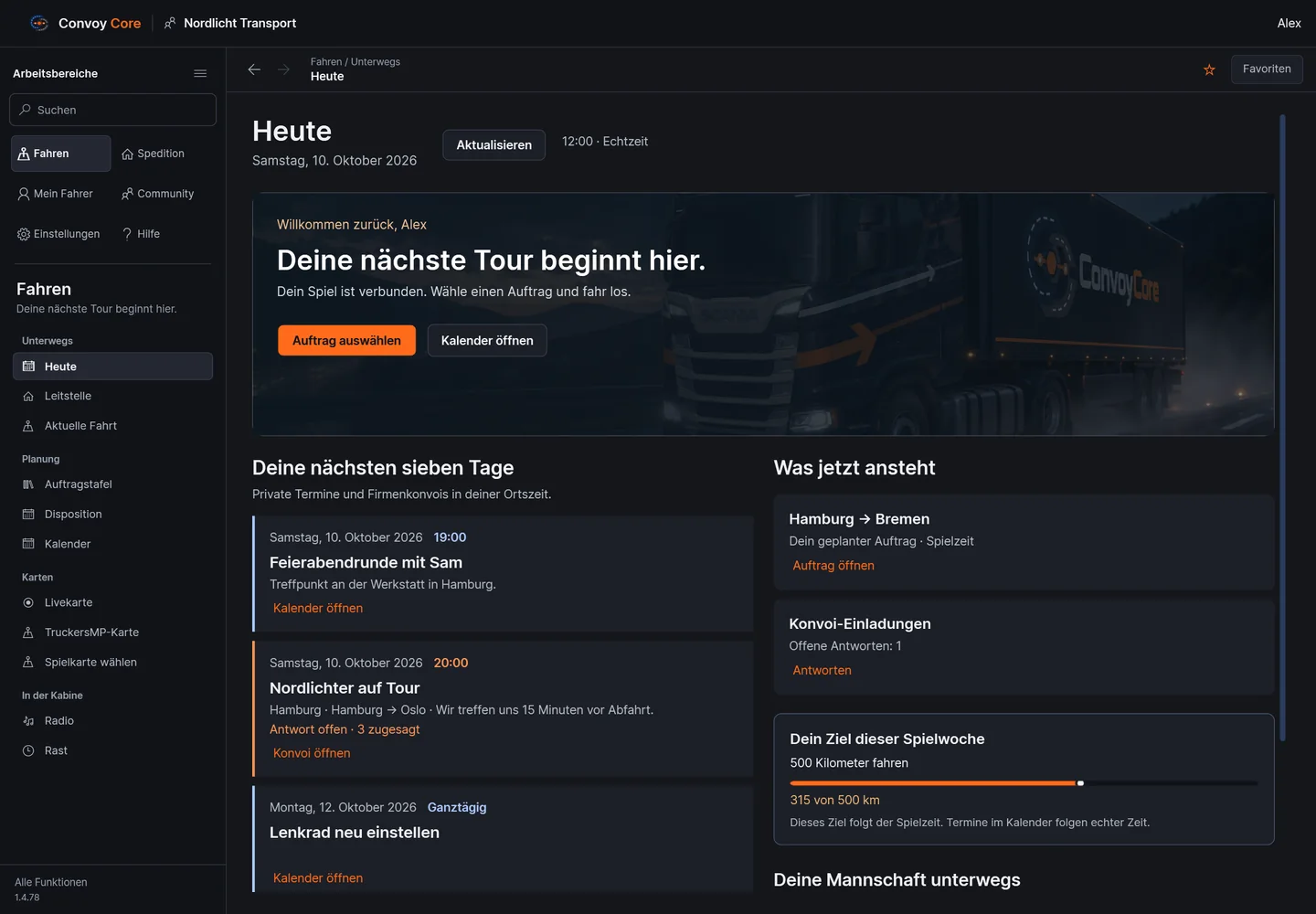 ConvoyCore: Startseite mit Tagesplanung, Aufträgen und persönlichen Wochenzielen